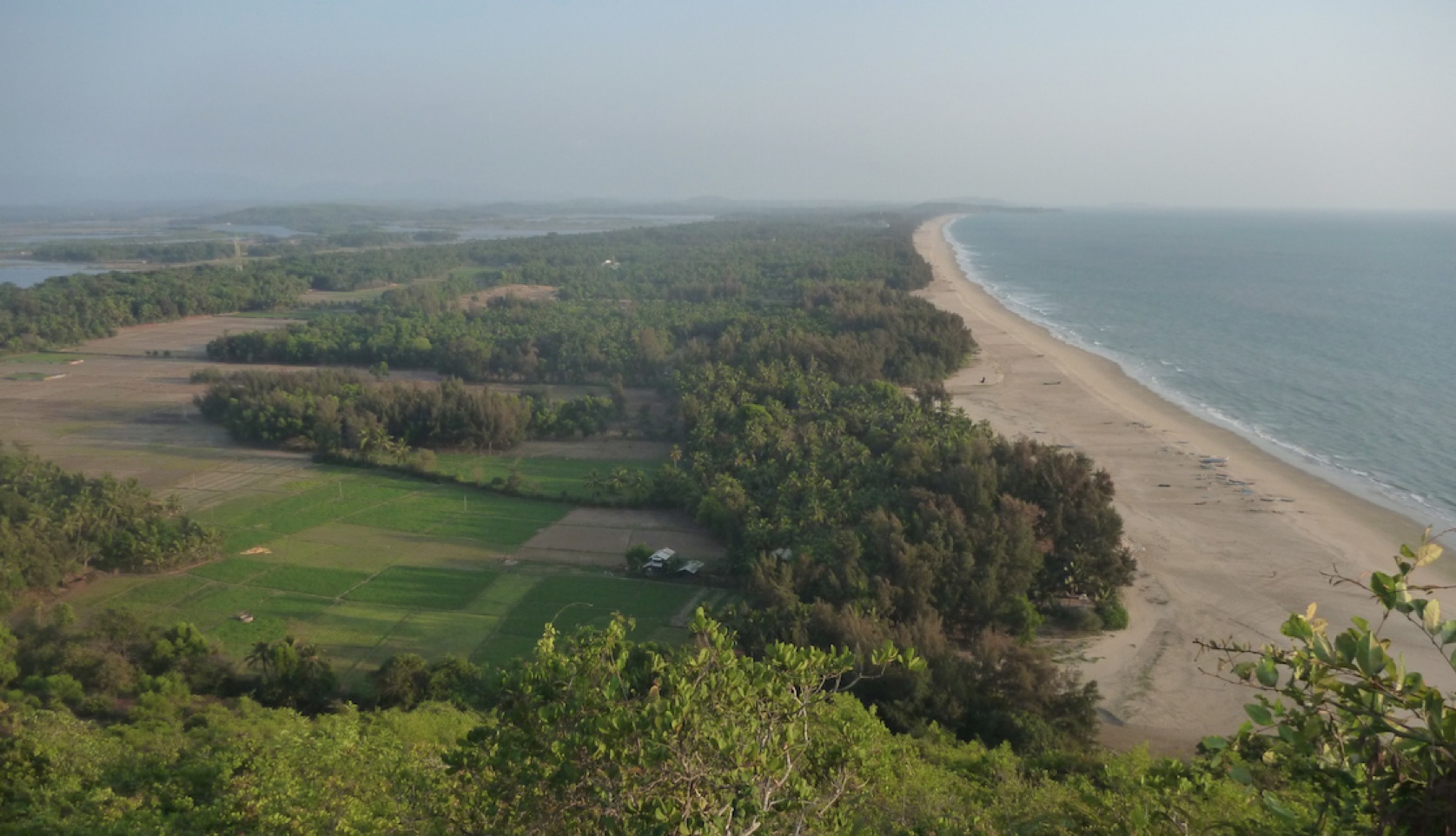 An elevated view of the Aghanashini coastline — cultivated fields, forest and the Arabian Sea all in the same frame
